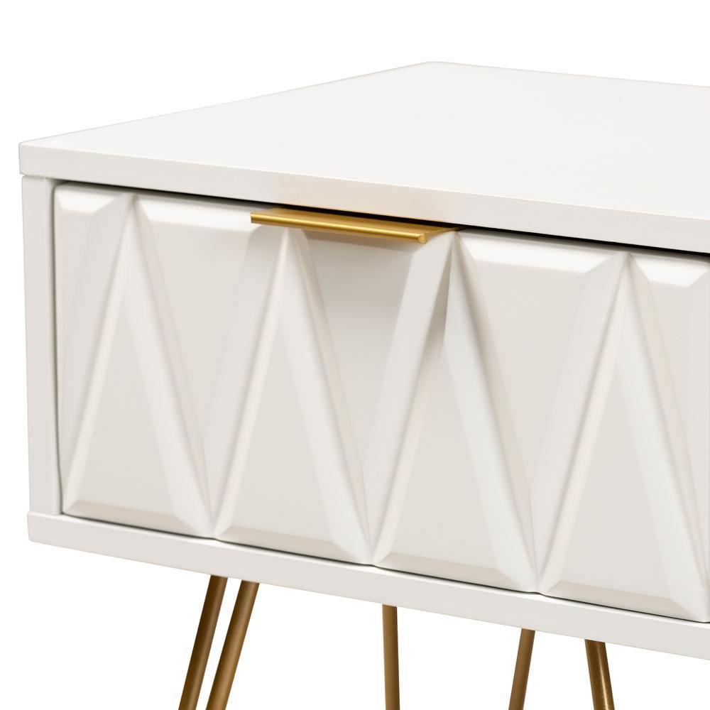 Holbrook Contemporary Glam and Luxe White Finished Wood and Gold Metal 1-Drawer End Table FredCo