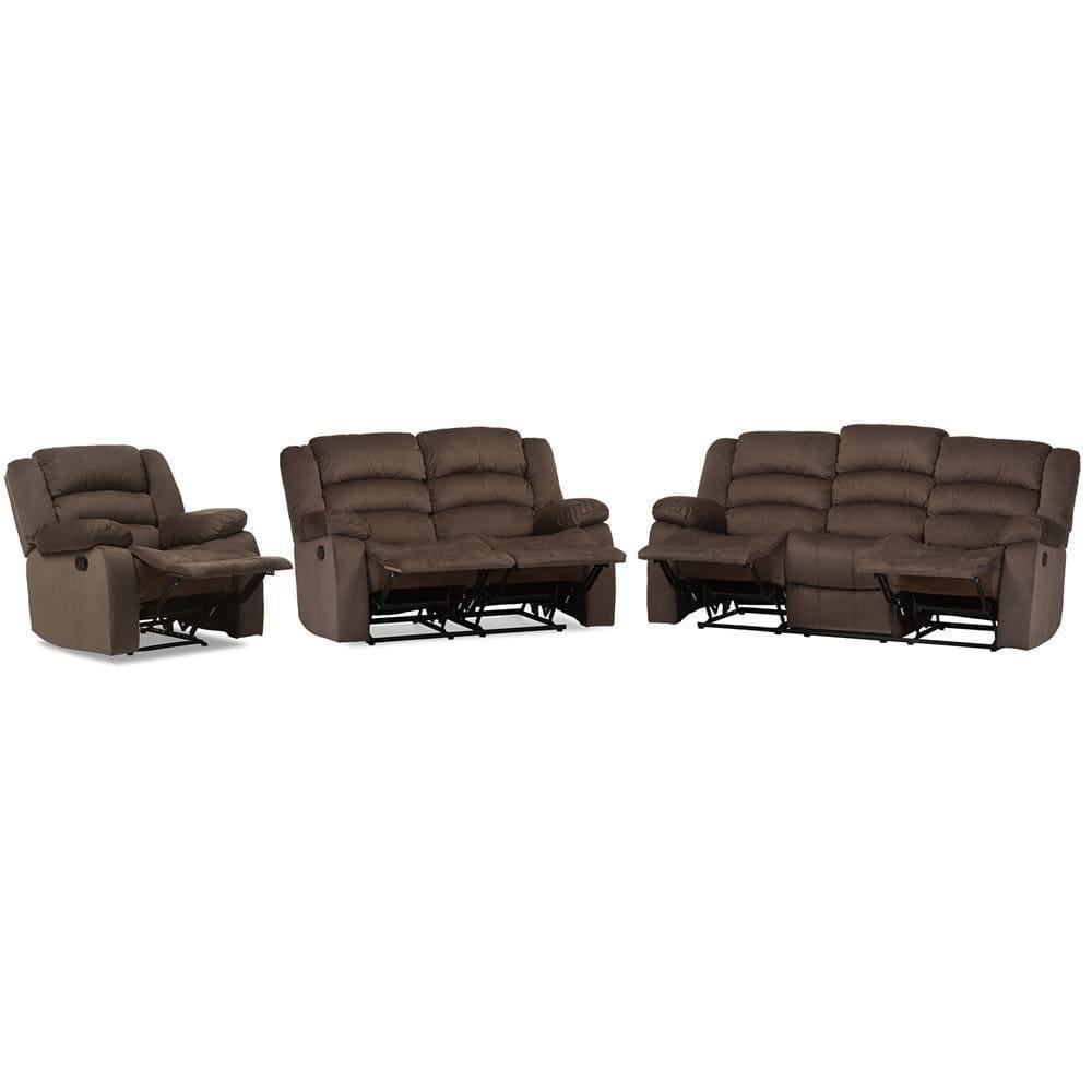 Hollace Modern and Contemporary Taupe Microsuede Sofa Loveseat and Chair Set with 5 Recliners Living room Set FredCo
