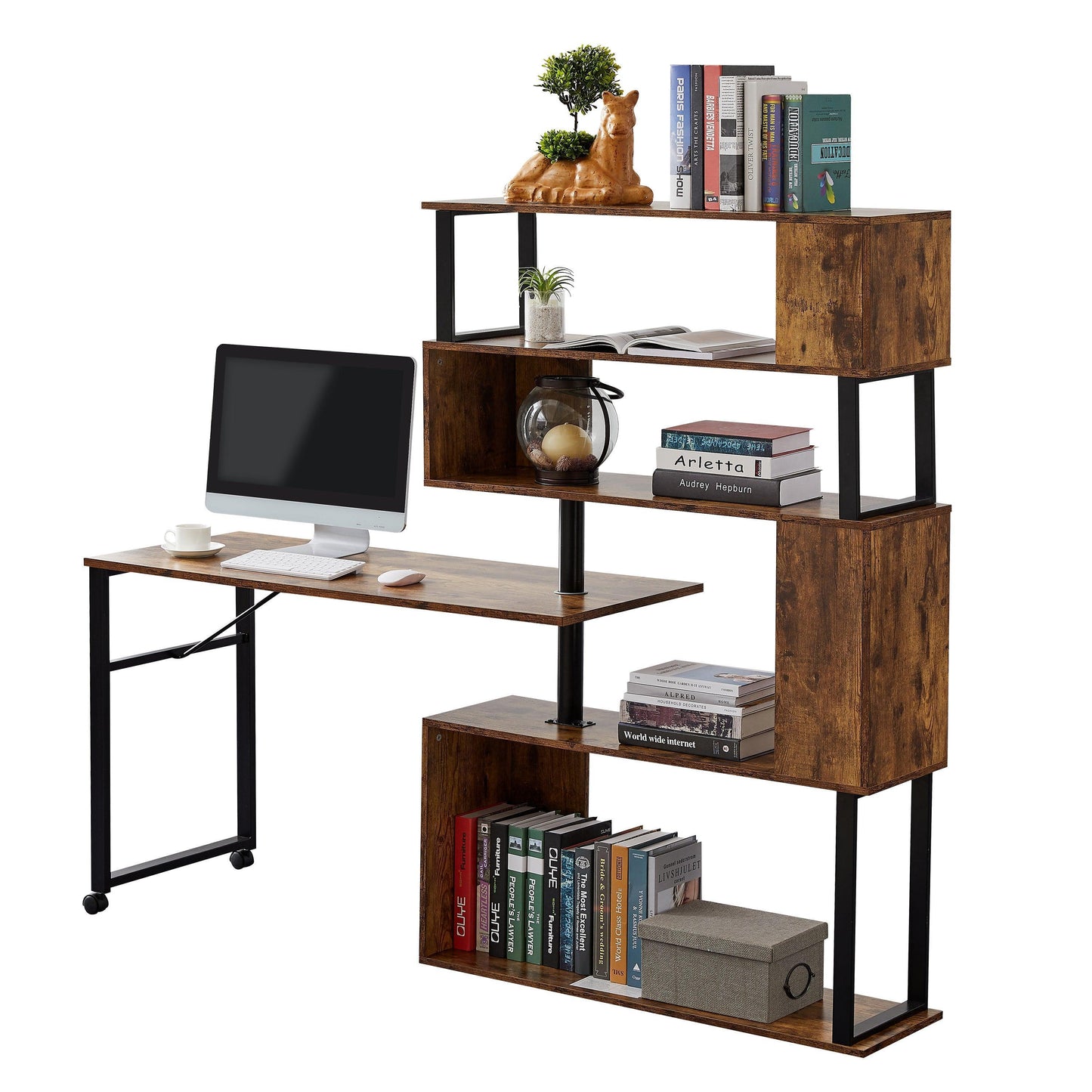 Home Office Computer Desk L-Shaped Corner Table,5-Tier Bookshelf FredCo