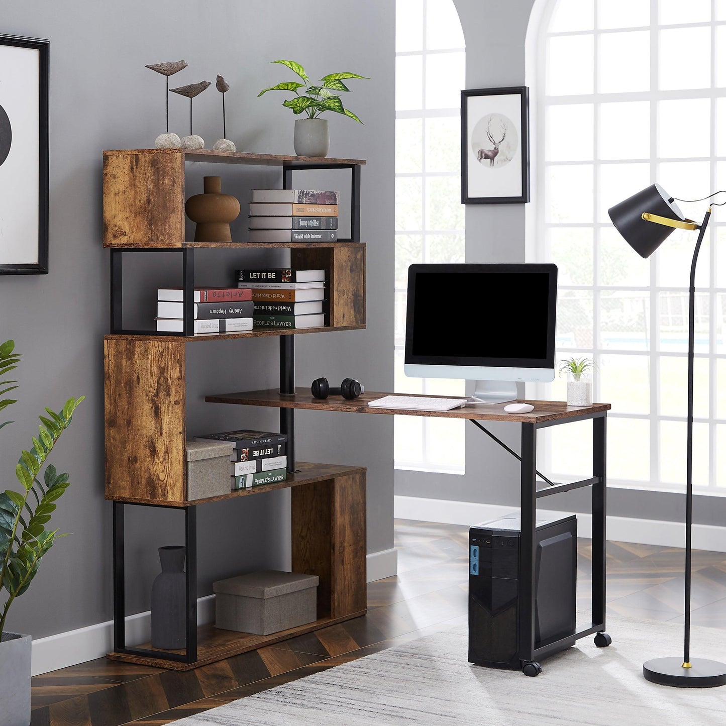 Home Office Computer Desk L-Shaped Corner Table,5-Tier Bookshelf FredCo