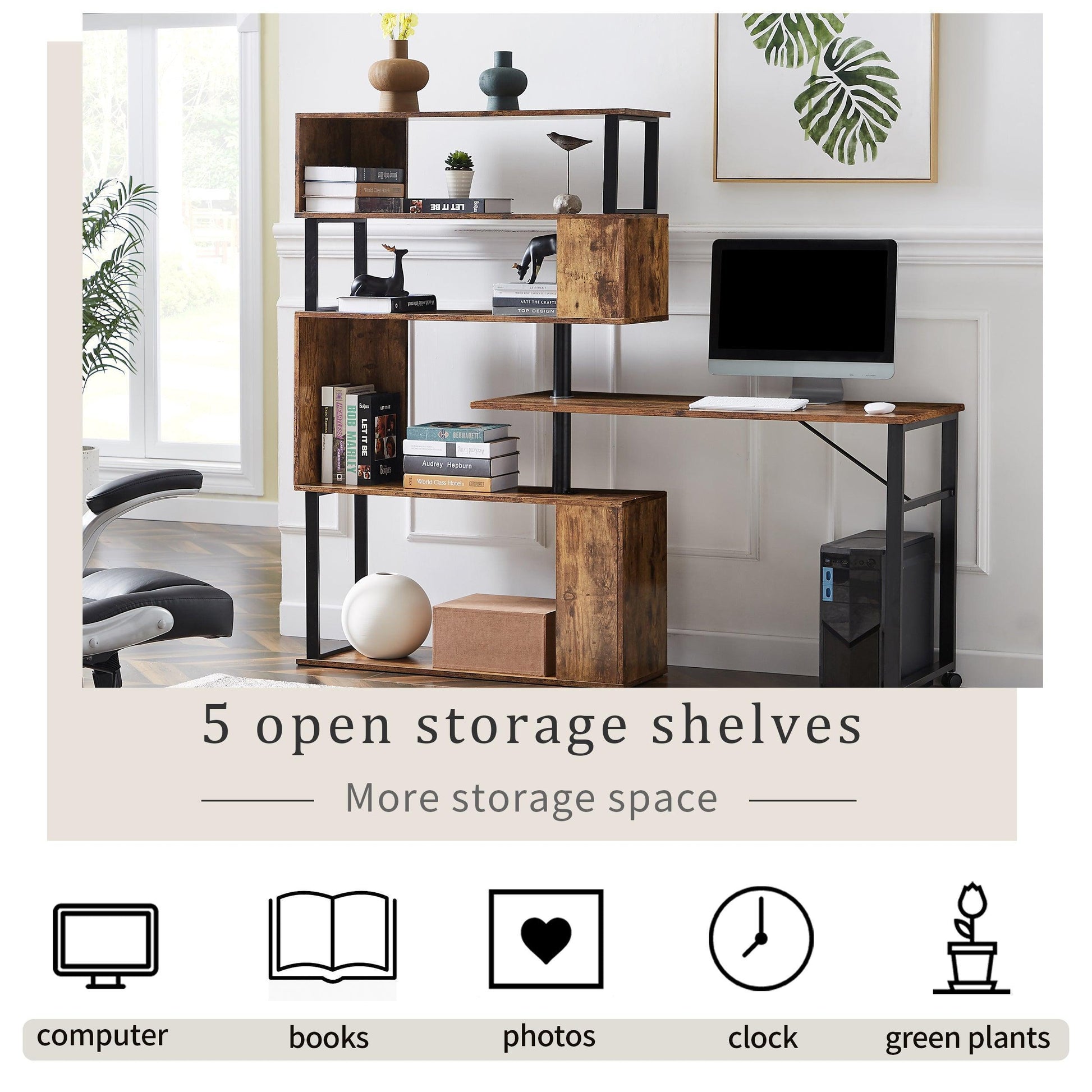 Home Office Computer Desk L-Shaped Corner Table,5-Tier Bookshelf FredCo