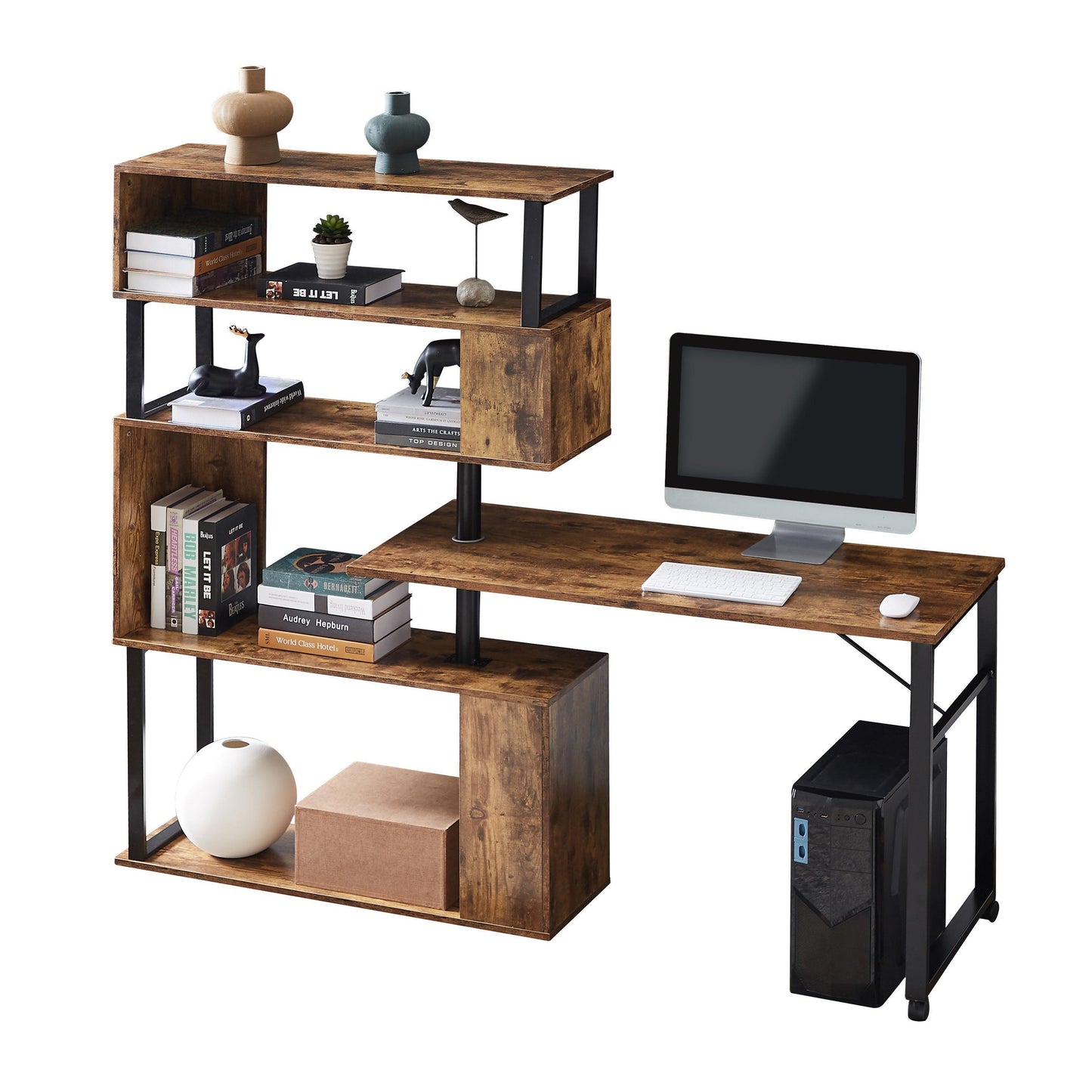 Home Office Computer Desk L-Shaped Corner Table,5-Tier Bookshelf FredCo