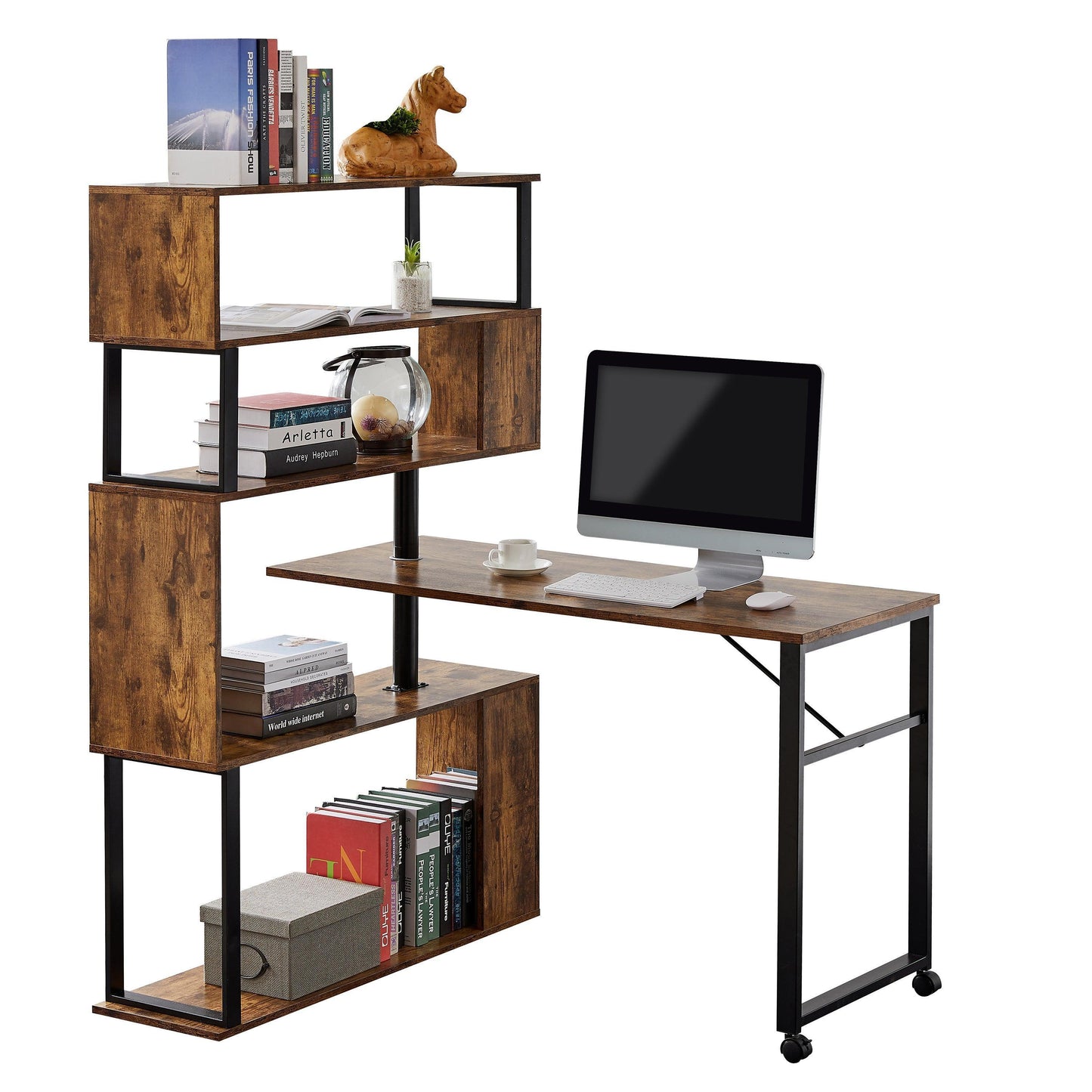 Home Office Computer Desk L-Shaped Corner Table,5-Tier Bookshelf FredCo