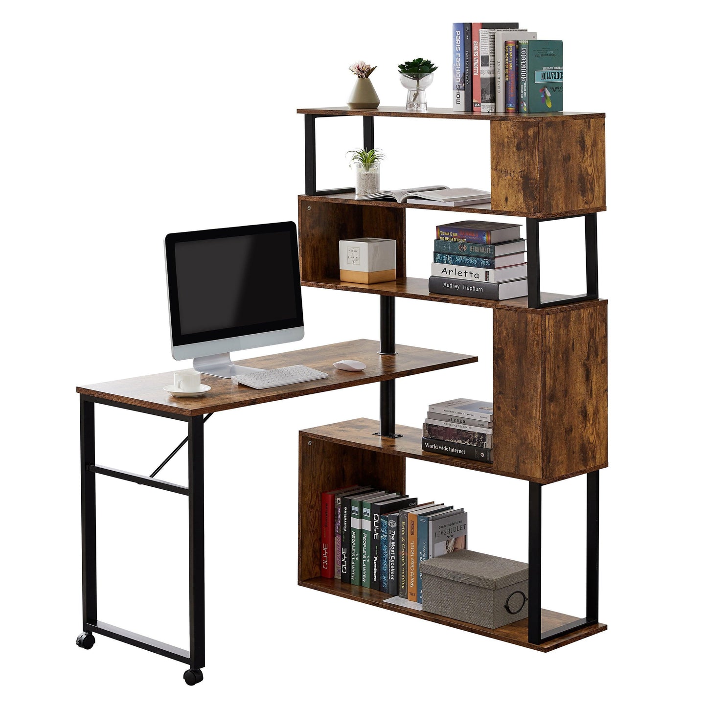 Home Office Computer Desk L-Shaped Corner Table,5-Tier Bookshelf FredCo