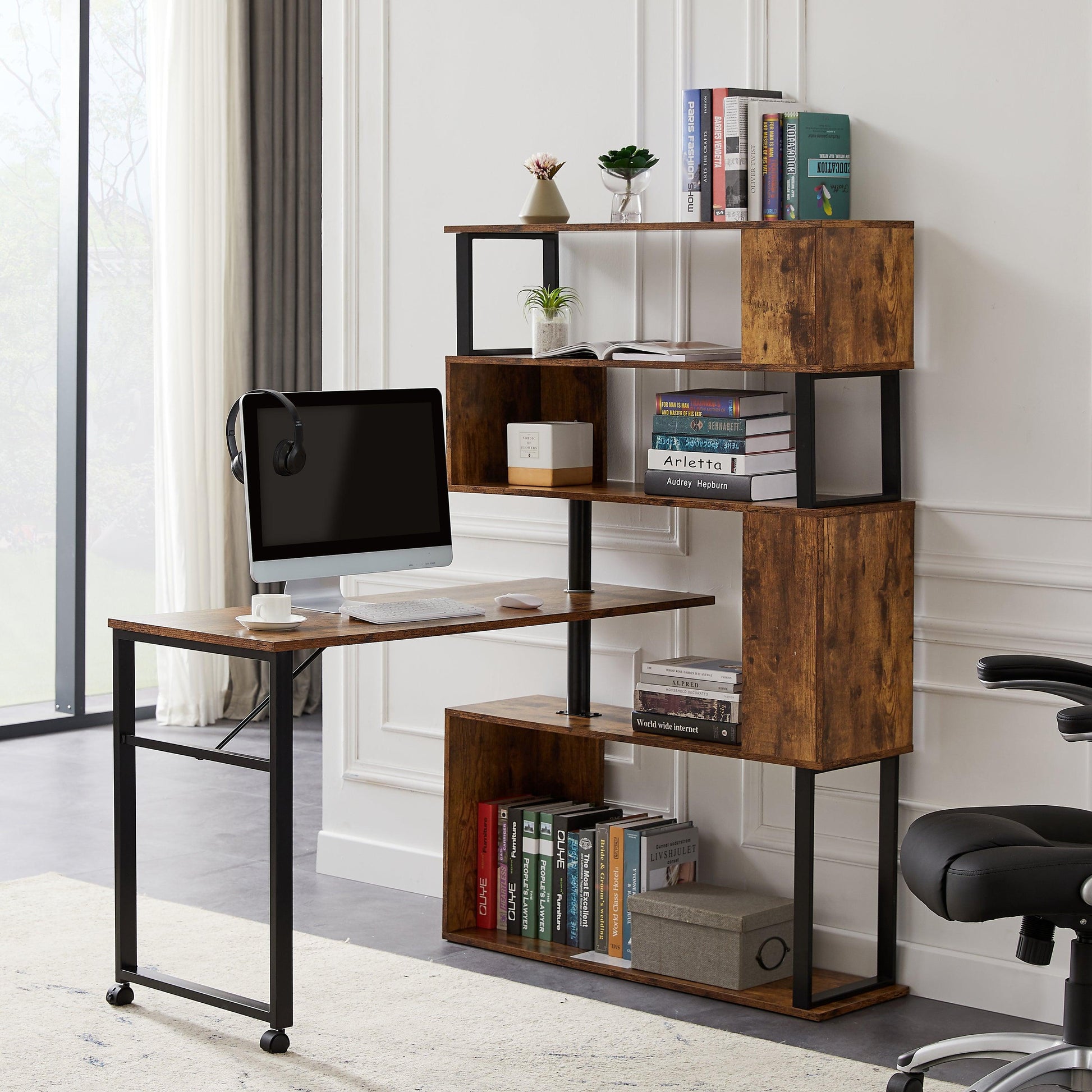 Home Office Computer Desk L-Shaped Corner Table,5-Tier Bookshelf FredCo