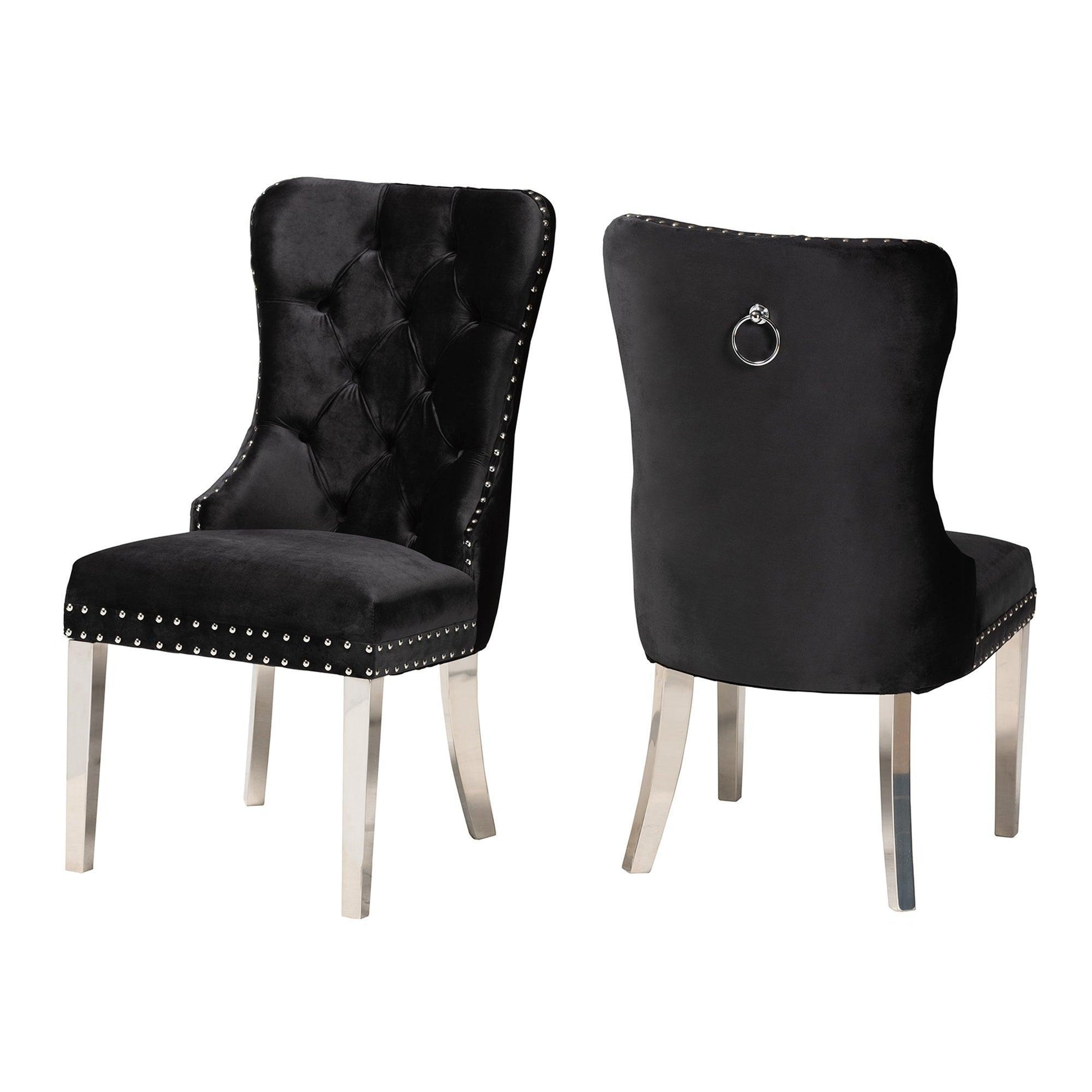 Honora Contemporary Glam and Luxe Black Velvet Fabric and Silver Metal 2-Piece Dining Chair Set FredCo