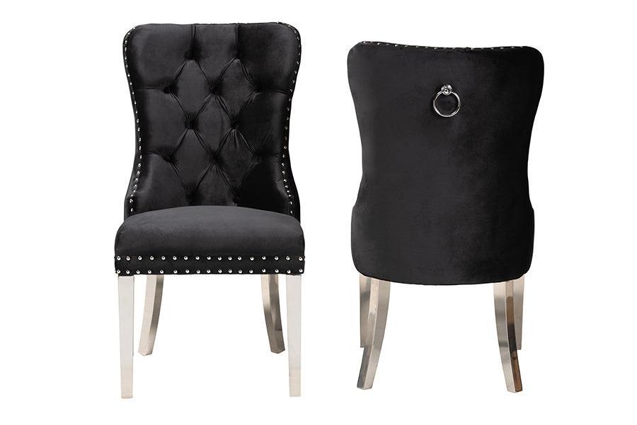 Honora Contemporary Glam and Luxe Black Velvet Fabric and Silver Metal 2-Piece Dining Chair Set FredCo