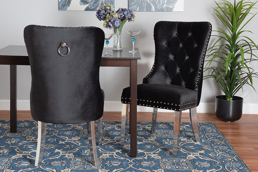 Honora Contemporary Glam and Luxe Black Velvet Fabric and Silver Metal 2-Piece Dining Chair Set FredCo