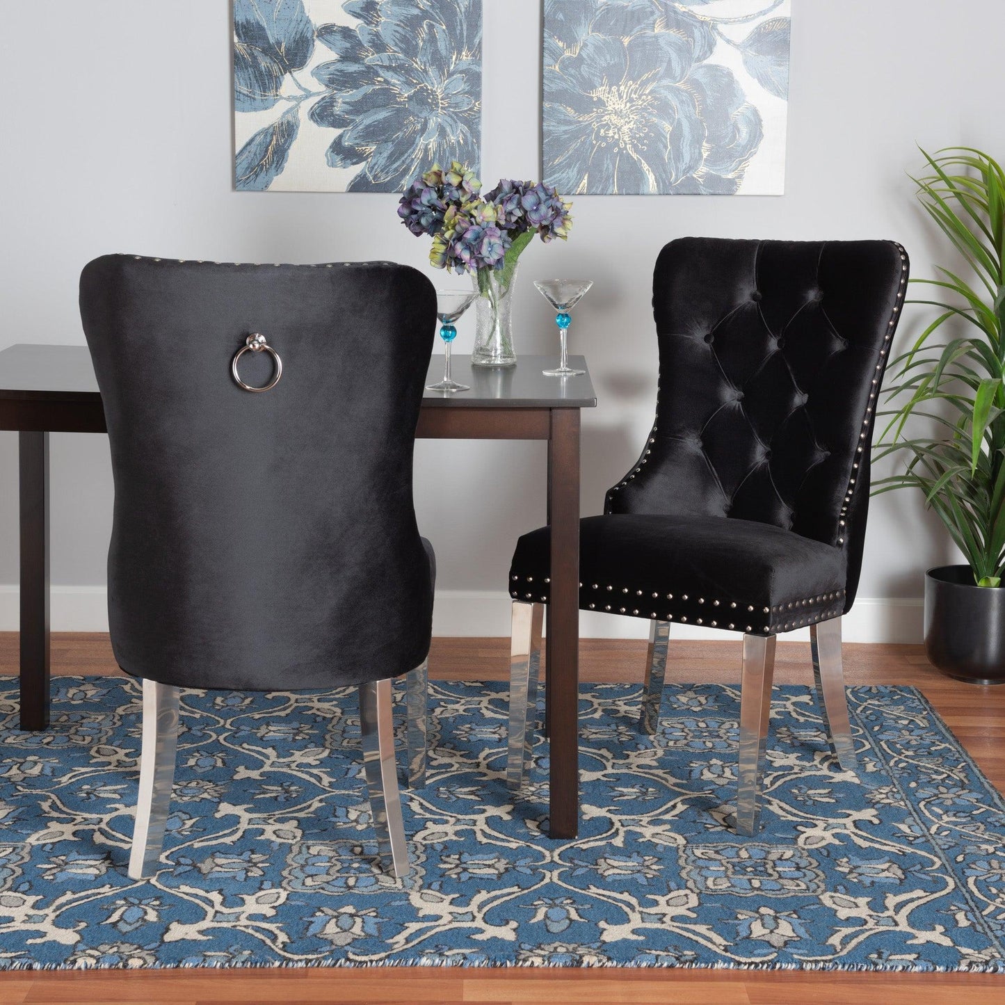 Honora Contemporary Glam and Luxe Black Velvet Fabric and Silver Metal 2-Piece Dining Chair Set FredCo