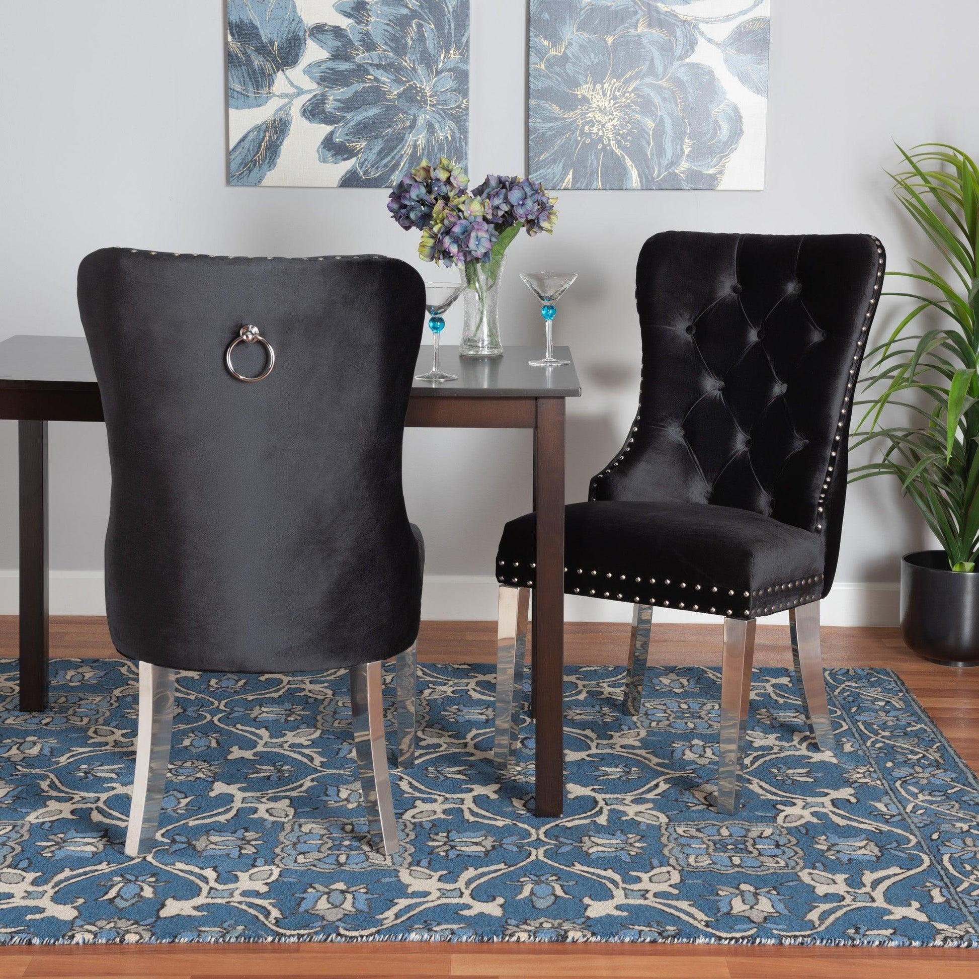 Honora Contemporary Glam and Luxe Black Velvet Fabric and Silver Metal 2-Piece Dining Chair Set FredCo
