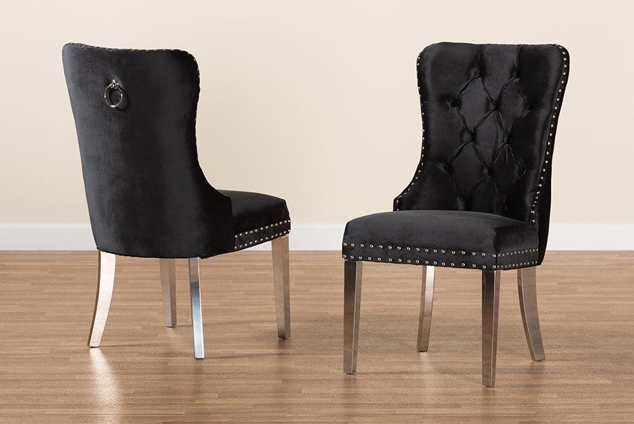 Honora Contemporary Glam and Luxe Black Velvet Fabric and Silver Metal 2-Piece Dining Chair Set FredCo