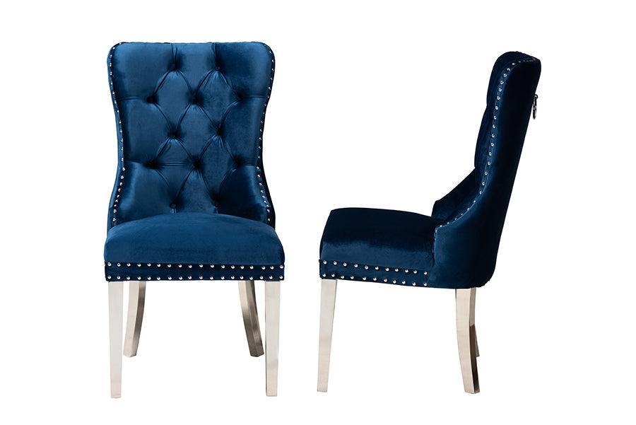 Honora Contemporary Glam and Luxe Navy Blue Velvet Fabric and Silver Metal 2-Piece Dining Chair Set FredCo