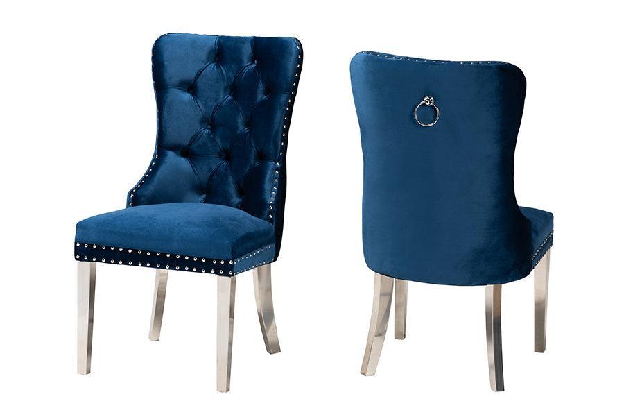 Honora Contemporary Glam and Luxe Navy Blue Velvet Fabric and Silver Metal 2-Piece Dining Chair Set FredCo