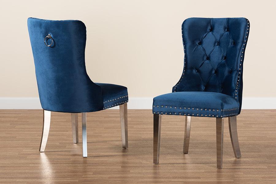 Honora Contemporary Glam and Luxe Navy Blue Velvet Fabric and Silver Metal 2-Piece Dining Chair Set FredCo