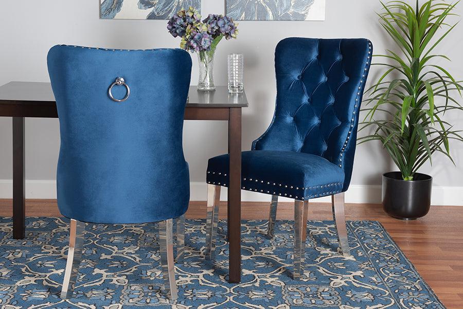 Honora Contemporary Glam and Luxe Navy Blue Velvet Fabric and Silver Metal 2-Piece Dining Chair Set FredCo