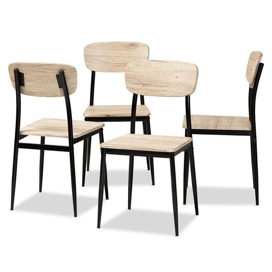 Honore Mid-Century Modern Light Brown Finished Wood and Black Metal 4-Piece Dining Chair Set FredCo