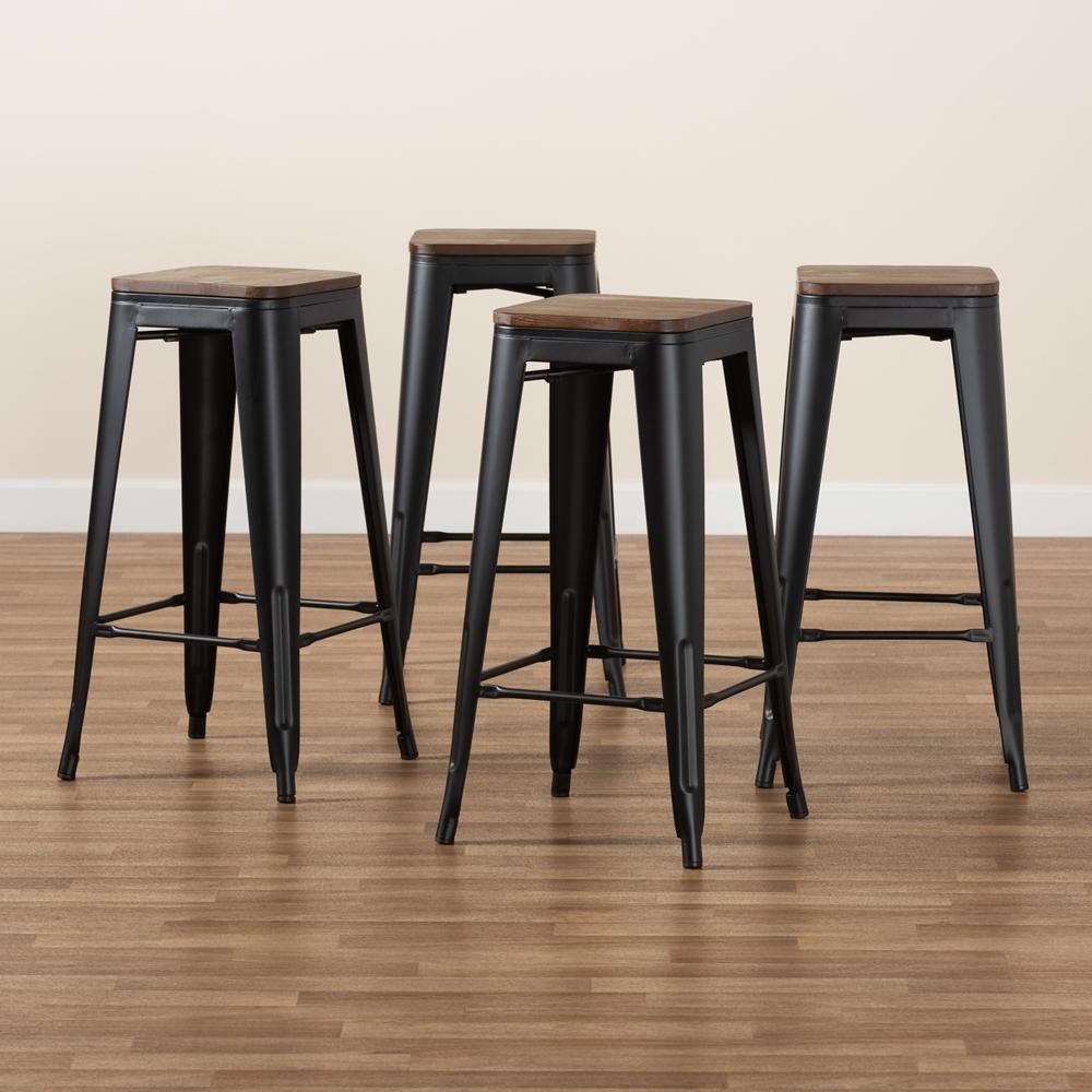 Horton Modern and Contemporary Black Metal and Walnut Brown Finished Wood 4-Piece Bar Stool Set FredCo