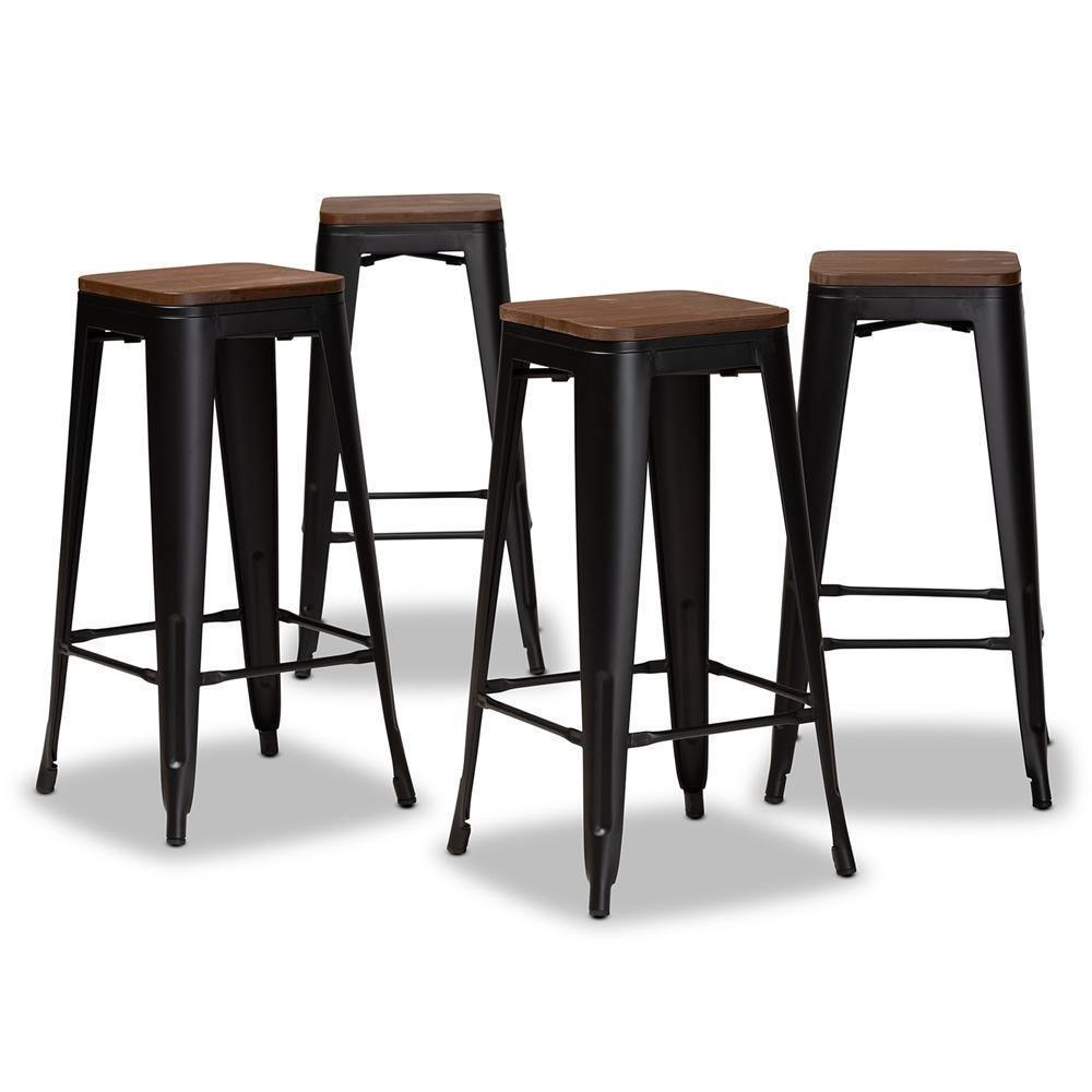 Horton Modern and Contemporary Black Metal and Walnut Brown Finished Wood 4-Piece Bar Stool Set FredCo