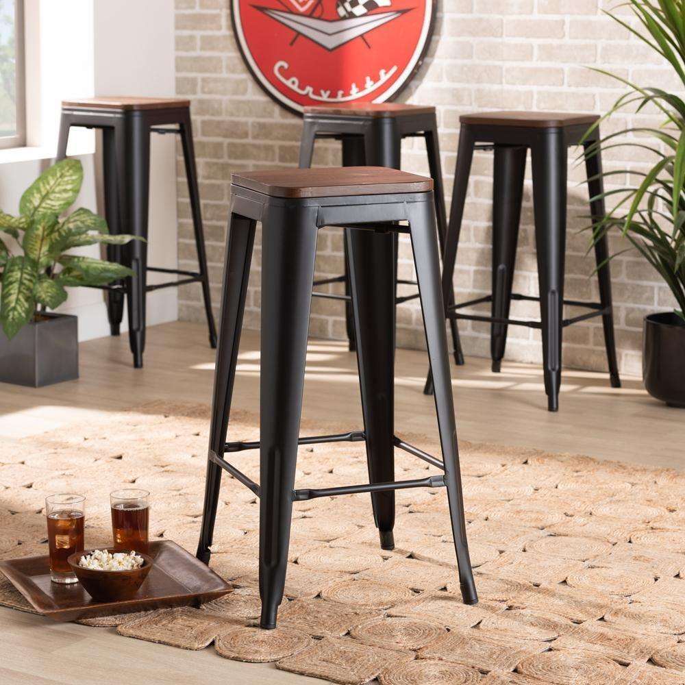 Horton Modern and Contemporary Black Metal and Walnut Brown Finished Wood 4-Piece Bar Stool Set FredCo
