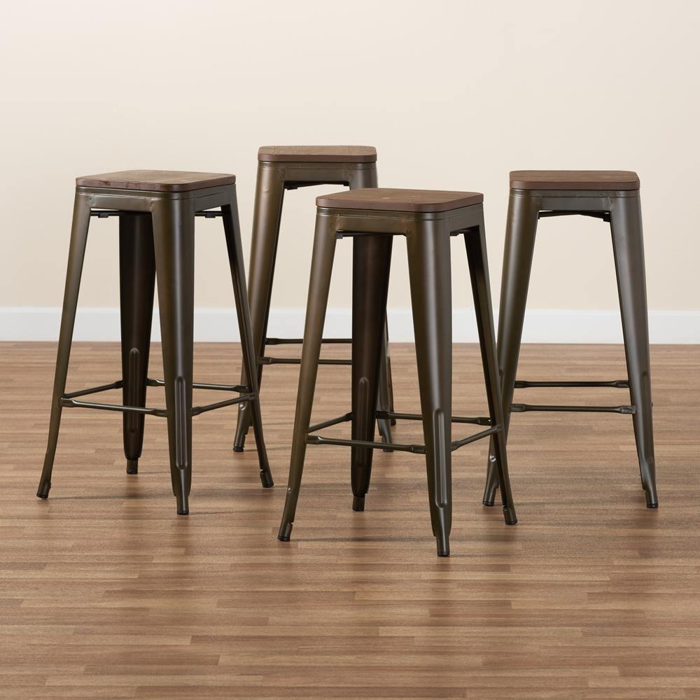 Horton Modern and Contemporary Brown Metal and Walnut Brown Finished Wood 4-Piece Bar Stool Set FredCo