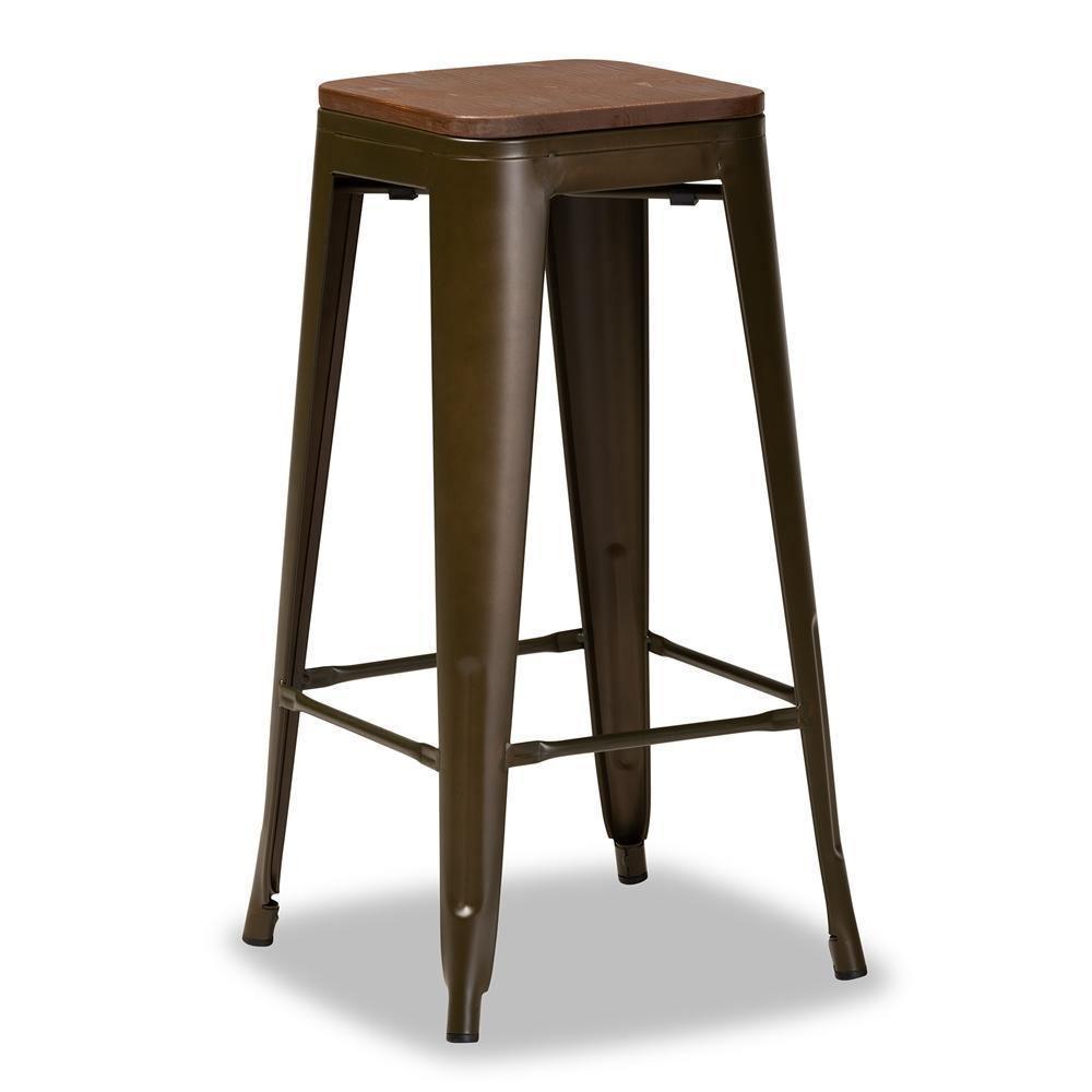 Horton Modern and Contemporary Brown Metal and Walnut Brown Finished Wood 4-Piece Bar Stool Set FredCo