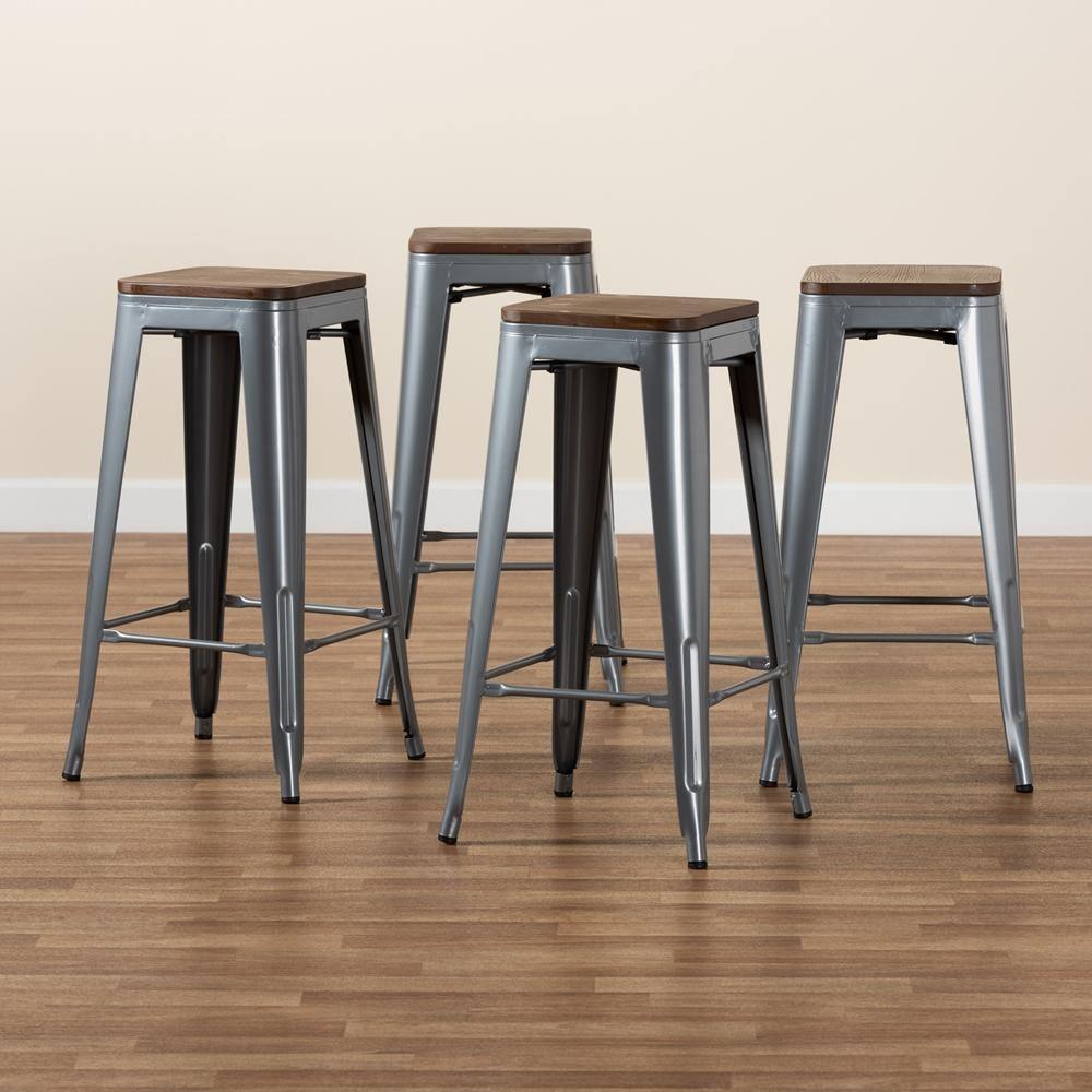 Horton Modern and Contemporary Grey Metal and Walnut Brown Finished Wood 4-Piece Bar Stool Set FredCo