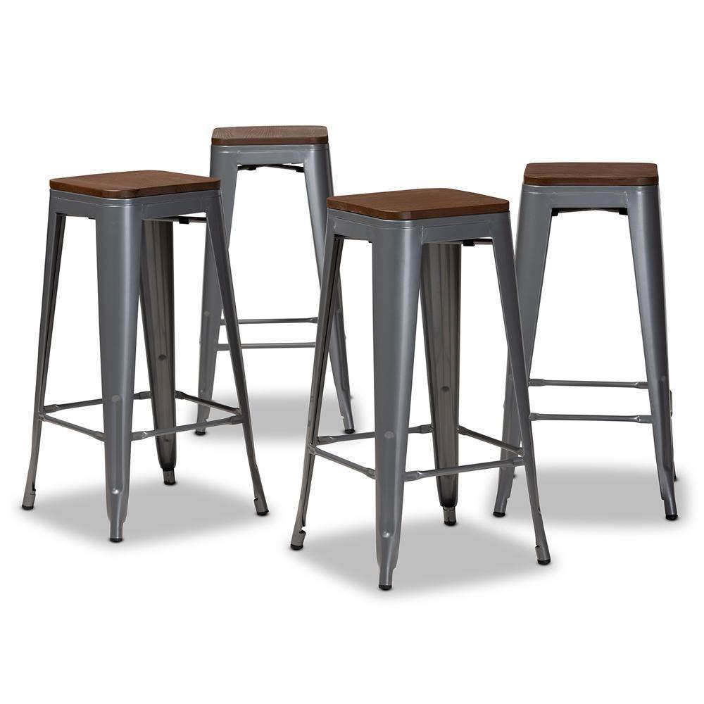 Horton Modern and Contemporary Grey Metal and Walnut Brown Finished Wood 4-Piece Bar Stool Set FredCo