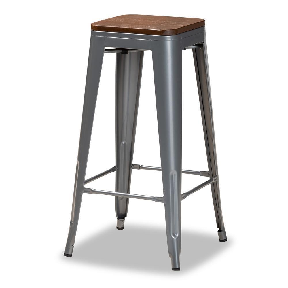 Horton Modern and Contemporary Grey Metal and Walnut Brown Finished Wood 4-Piece Bar Stool Set FredCo