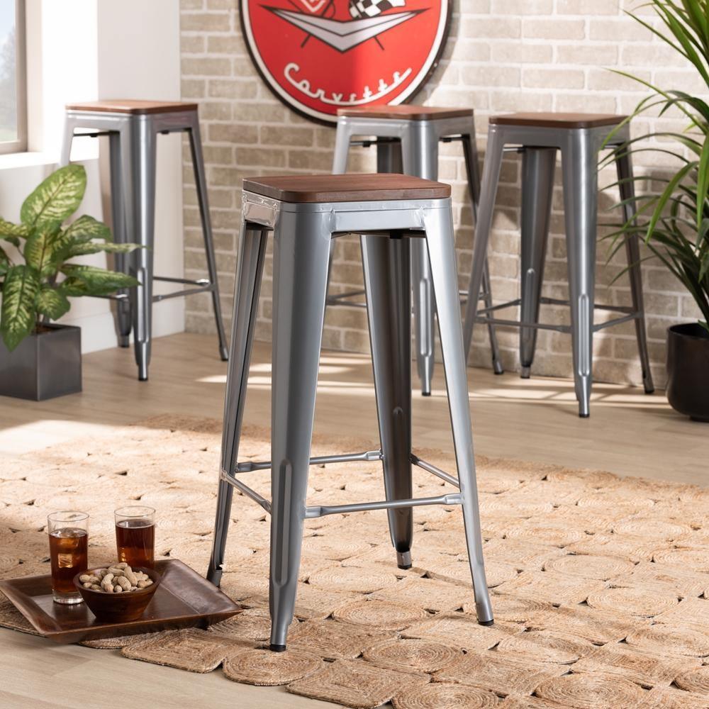 Horton Modern and Contemporary Grey Metal and Walnut Brown Finished Wood 4-Piece Bar Stool Set FredCo