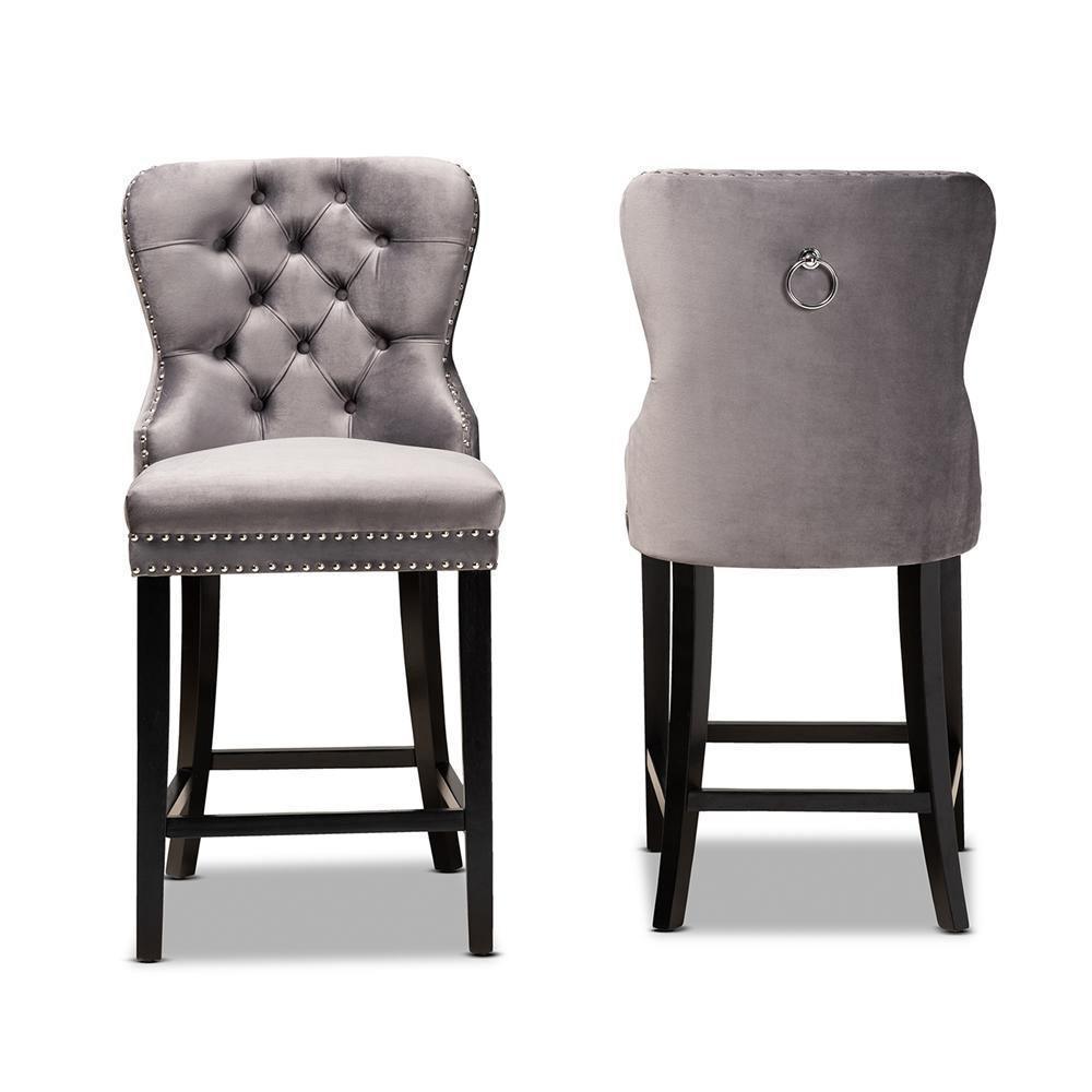 Howell Modern Transitional Grey Velvet Upholstered and Dark Brown Finished Wood 2-Piece Counter Stool Set FredCo