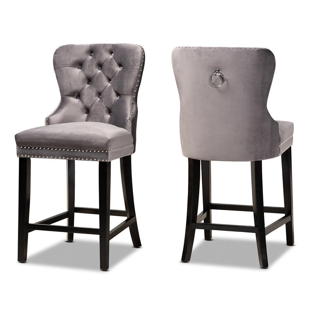 Howell Modern Transitional Grey Velvet Upholstered and Dark Brown Finished Wood 2-Piece Counter Stool Set FredCo