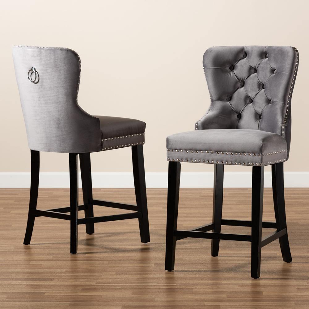 Howell Modern Transitional Grey Velvet Upholstered and Dark Brown Finished Wood 2-Piece Counter Stool Set FredCo