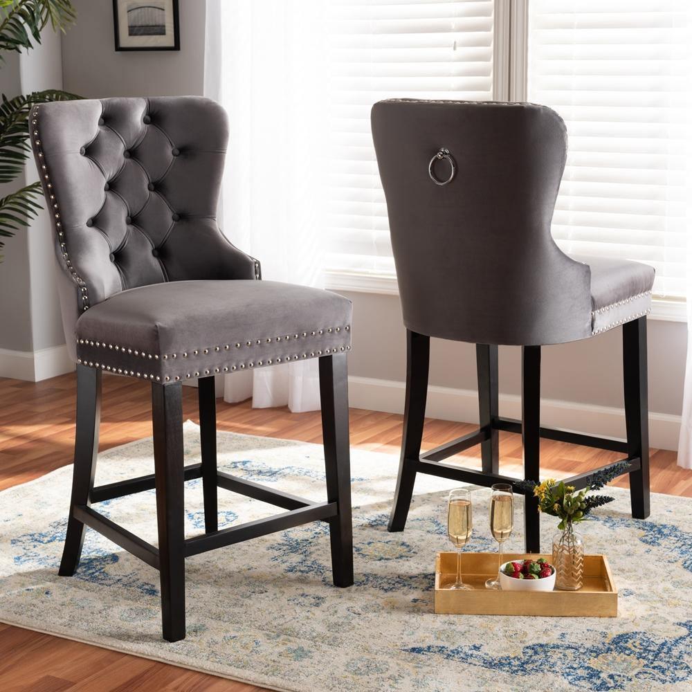 Howell Modern Transitional Grey Velvet Upholstered and Dark Brown Finished Wood 2-Piece Counter Stool Set FredCo