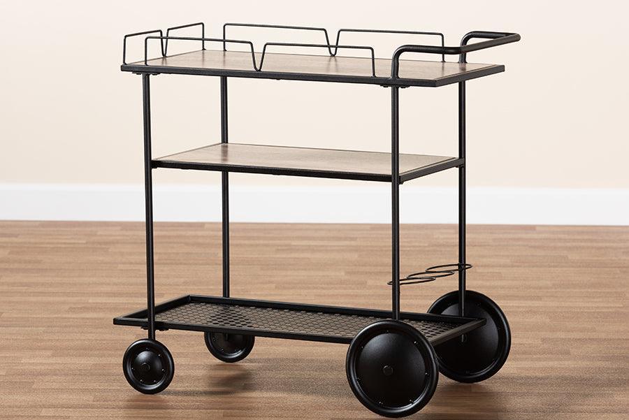 Huntley Modern Industrial Walnut Brown Finished Wood and Black Metal Mobile Wine Cart FredCo