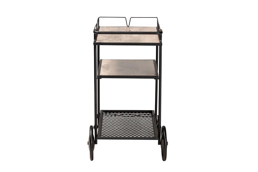 Huntley Modern Industrial Walnut Brown Finished Wood and Black Metal Mobile Wine Cart FredCo