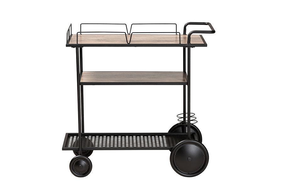 Huntley Modern Industrial Walnut Brown Finished Wood and Black Metal Mobile Wine Cart FredCo