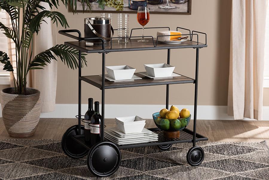 Huntley Modern Industrial Walnut Brown Finished Wood and Black Metal Mobile Wine Cart FredCo