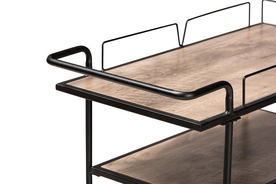 Huntley Modern Industrial Walnut Brown Finished Wood and Black Metal Mobile Wine Cart FredCo