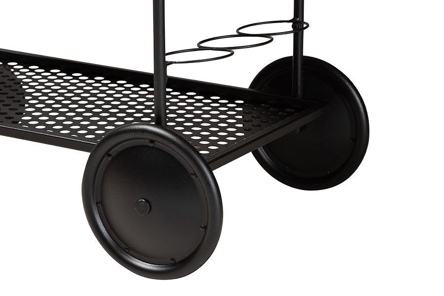 Huntley Modern Industrial Walnut Brown Finished Wood and Black Metal Mobile Wine Cart FredCo