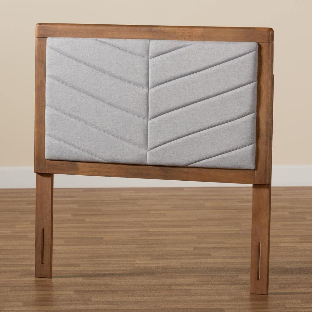Iden Modern and Contemporary Light Grey Fabric Upholstered and Walnut Brown Finished Wood Twin Size Headboard FredCo