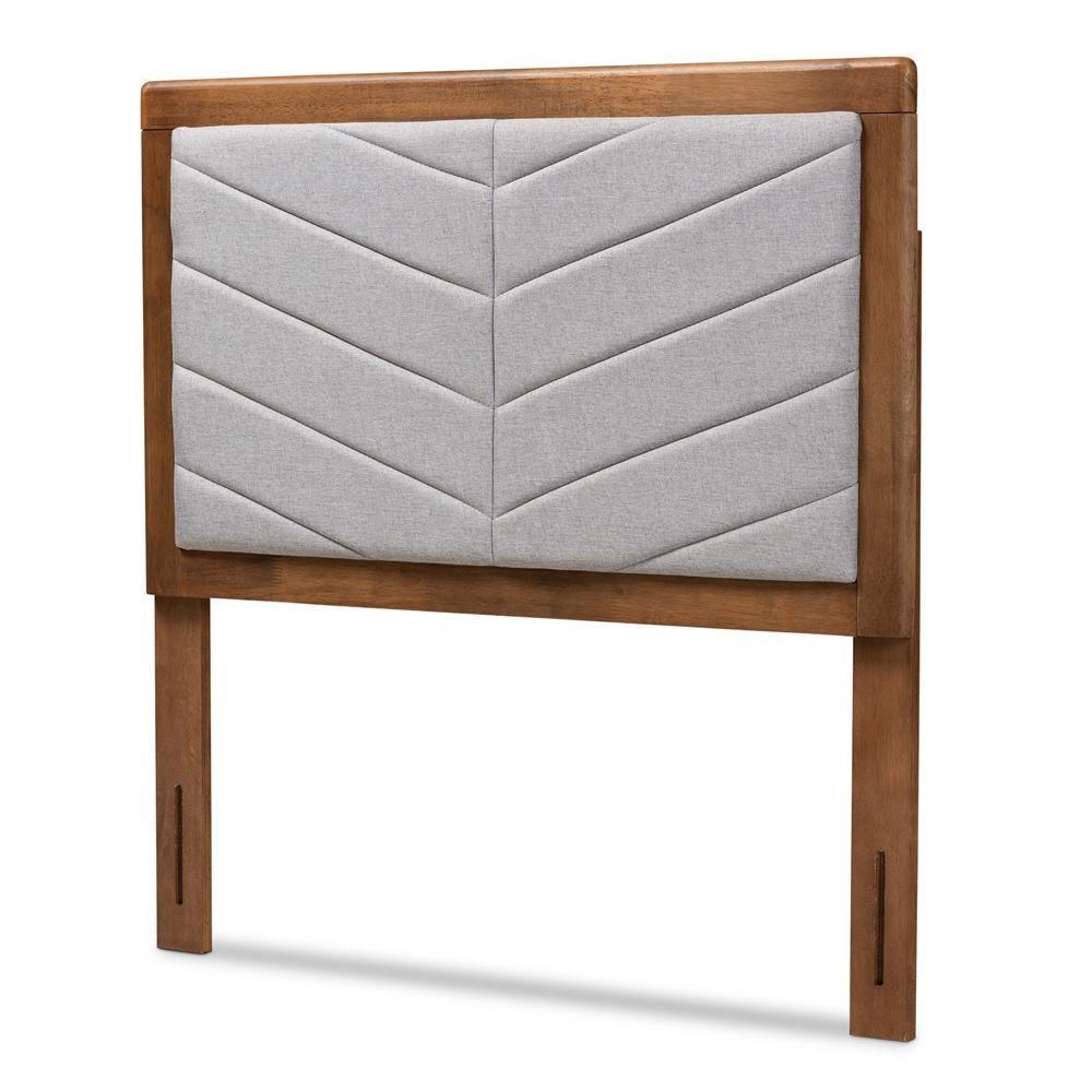 Iden Modern and Contemporary Light Grey Fabric Upholstered and Walnut Brown Finished Wood Twin Size Headboard FredCo