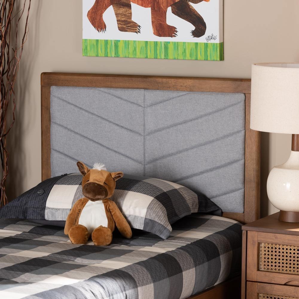 Iden Modern and Contemporary Light Grey Fabric Upholstered and Walnut Brown Finished Wood Twin Size Headboard FredCo