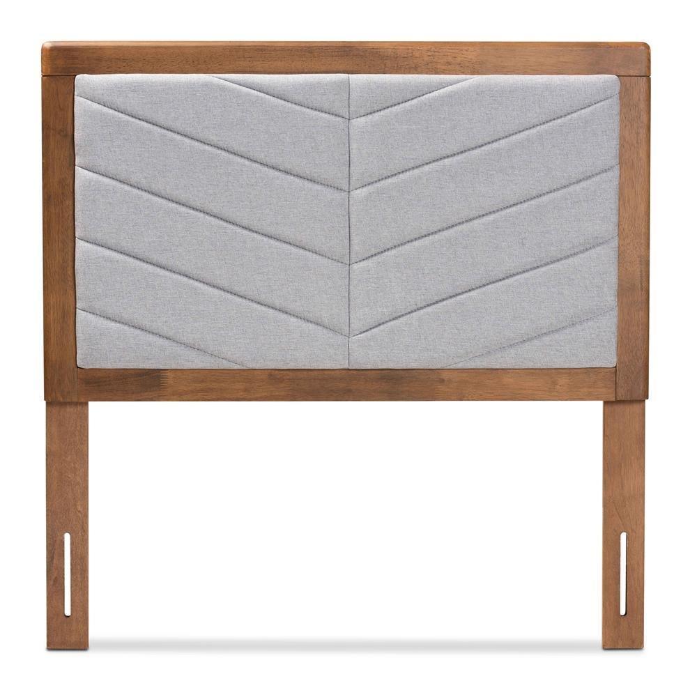 Iden Modern and Contemporary Light Grey Fabric Upholstered and Walnut Brown Finished Wood Twin Size Headboard FredCo