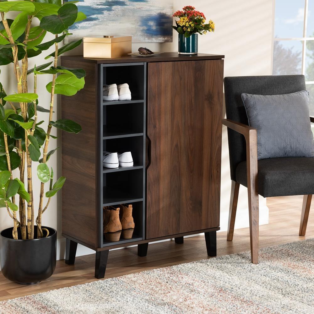 Idina Mid-Century Modern Two-Tone Walnut Brown and Grey Finished Wood 1-Door Shoe Cabinet FredCo