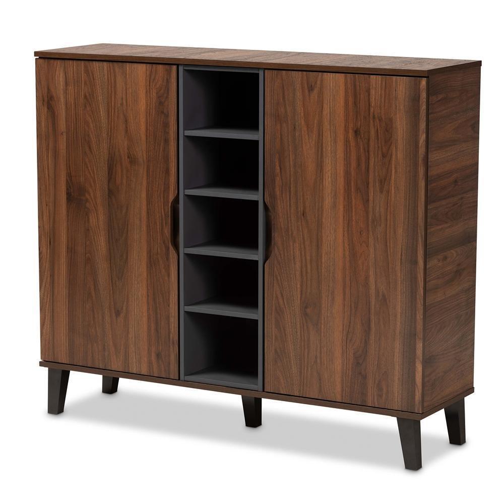 Idina Mid-Century Modern Two-Tone Walnut Brown and Grey Finished Wood 2-Door Shoe Cabinet FredCo