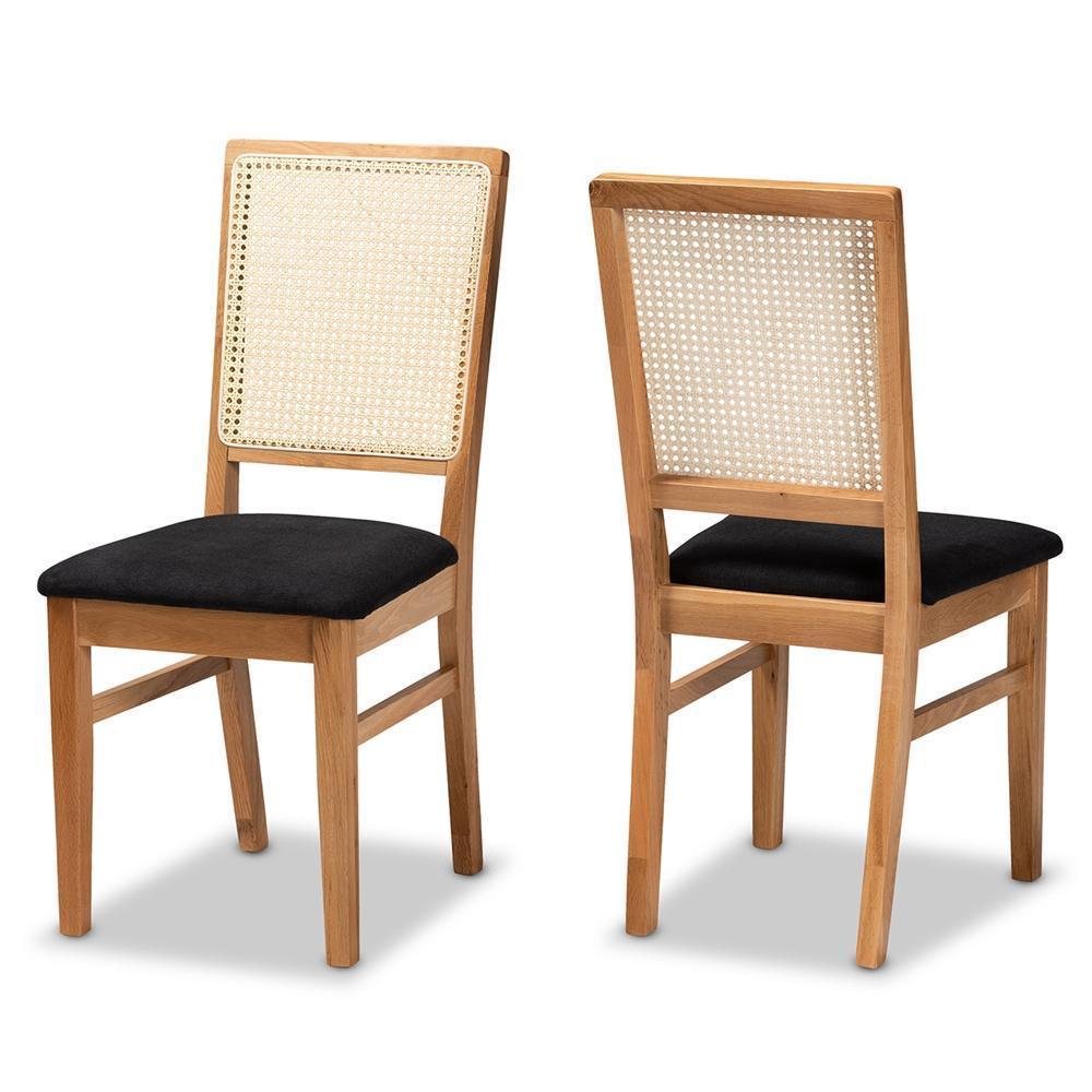 Idris Mid-Century Modern Black Fabric Upholstered and Oak brown Finished 2-Piece Rattan Dining Chair Set FredCo