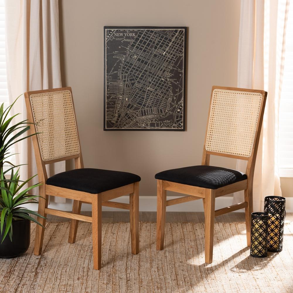 Idris Mid-Century Modern Black Fabric Upholstered and Oak brown Finished 2-Piece Rattan Dining Chair Set FredCo