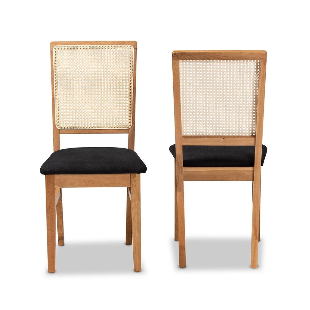 Idris Mid-Century Modern Black Fabric Upholstered and Oak brown Finished 2-Piece Rattan Dining Chair Set FredCo