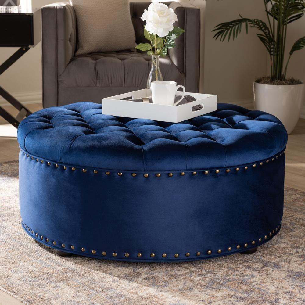 Iglehart Modern and Contemporary Royal Blue Velvet Fabric Upholstered Tufted Cocktail Ottoman FredCo