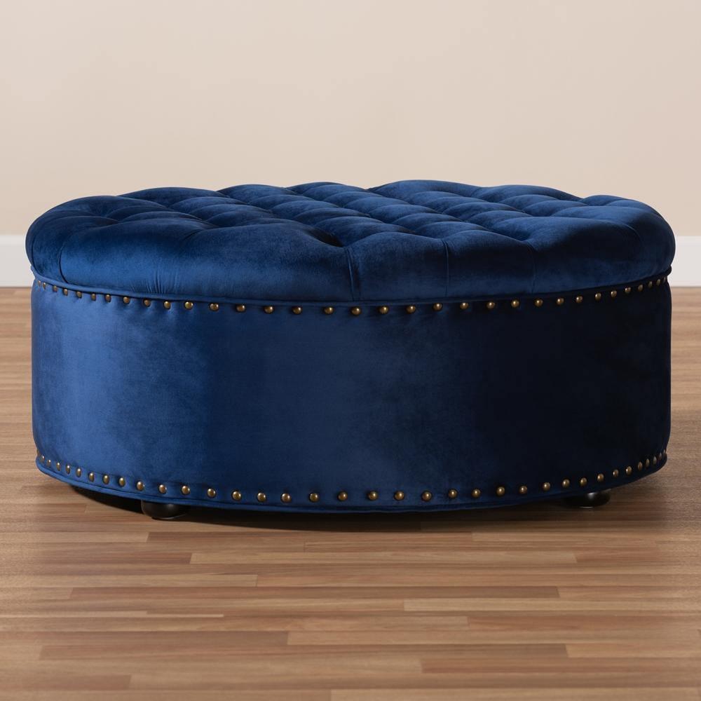 Iglehart Modern and Contemporary Royal Blue Velvet Fabric Upholstered Tufted Cocktail Ottoman FredCo